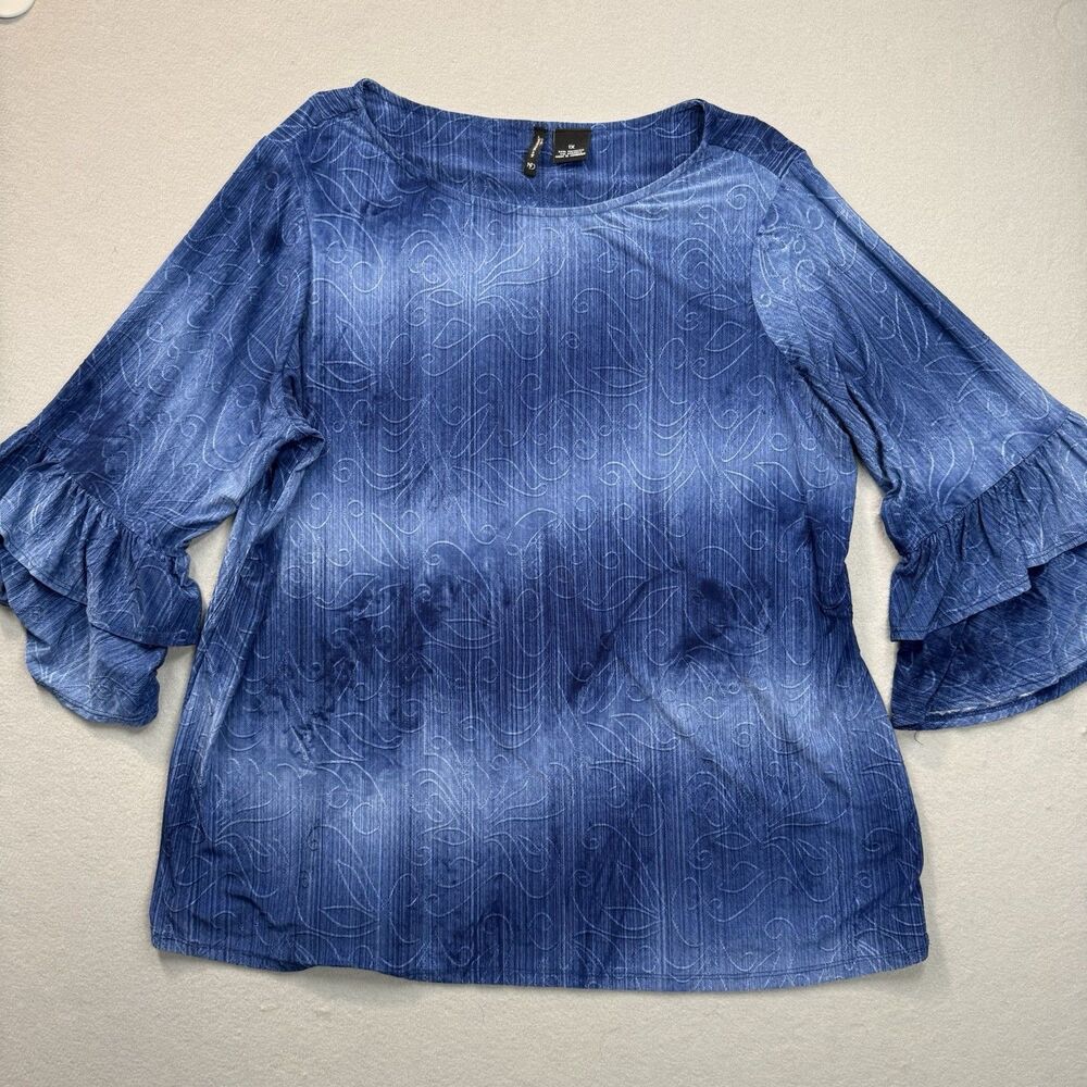 New Directions Top Blouse Womens 1X Plus Blue Swirl Velvet Tiered Bell Sleeve